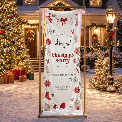 Custom Christmas Party Fabric Welcome Banner, Personalized Name Holiday Entrance Hanging Sign with Ribbon Ties, Festive Christmas Ornaments & Gingerbread Party Decor