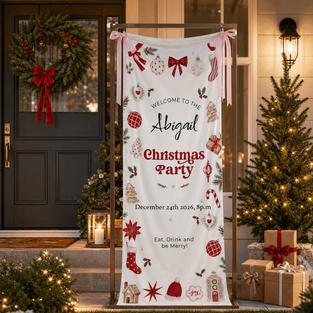 Custom Christmas Party Fabric Welcome Banner, Personalized Name Holiday Entrance Hanging Sign with Ribbon Ties, Festive Christmas Ornaments & Gingerbread Party Decor