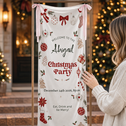 Custom Christmas Party Fabric Welcome Banner, Personalized Name Holiday Entrance Hanging Sign with Ribbon Ties, Festive Christmas Ornaments & Gingerbread Party Decor
