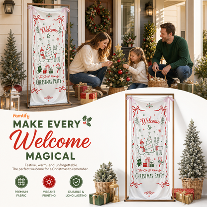 Custom Festive Doodle Christmas Party Fabric Welcome Banner, Personalized Family Name Holiday Entrance Hanging Sign with Ribbon Ties, Snowman & Reindeer Decor