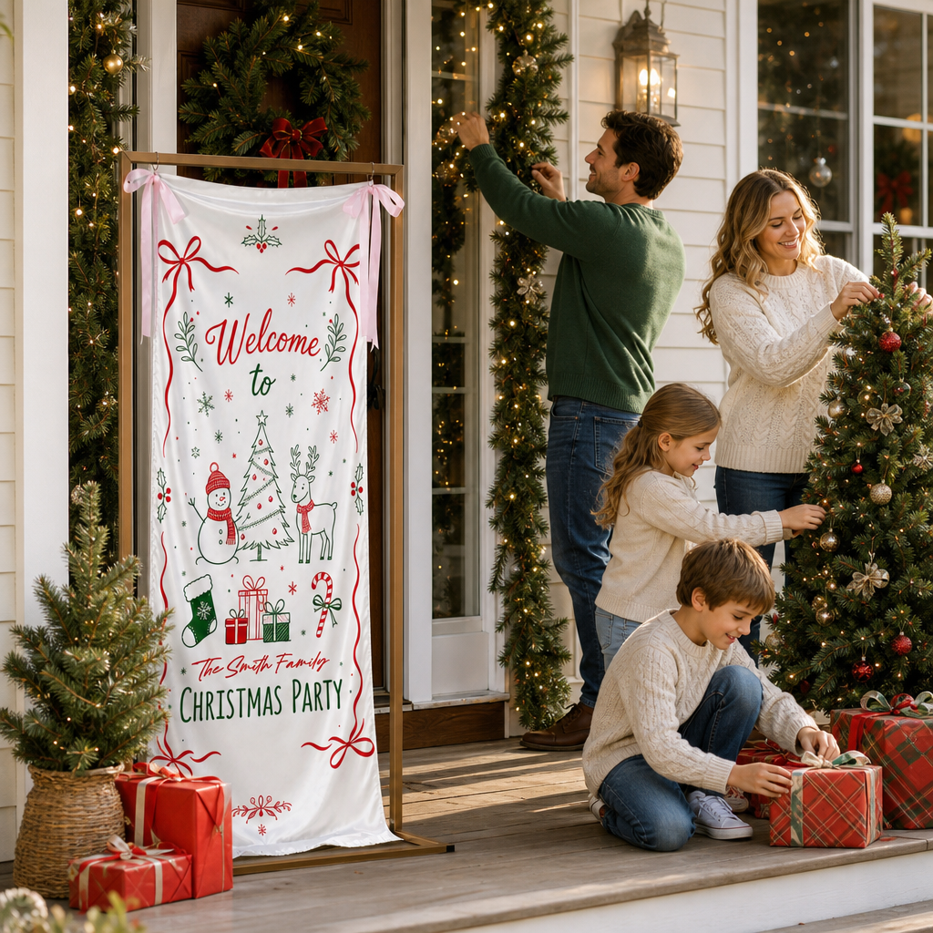 Custom Festive Doodle Christmas Party Fabric Welcome Banner, Personalized Family Name Holiday Entrance Hanging Sign with Ribbon Ties, Snowman & Reindeer Decor