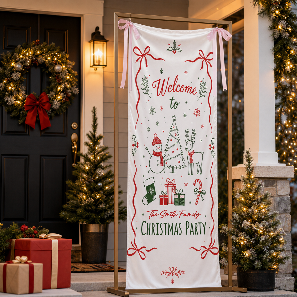 Custom Festive Doodle Christmas Party Fabric Welcome Banner, Personalized Family Name Holiday Entrance Hanging Sign with Ribbon Ties, Snowman & Reindeer Decor