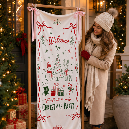 Custom Festive Doodle Christmas Party Fabric Welcome Banner, Personalized Family Name Holiday Entrance Hanging Sign with Ribbon Ties, Snowman & Reindeer Decor