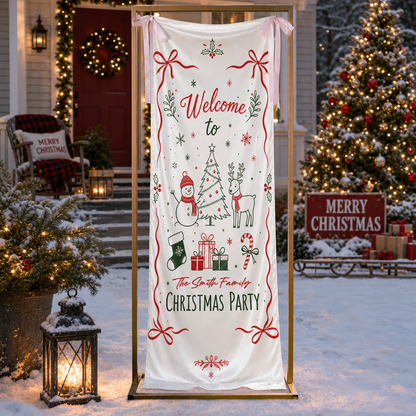 Custom Festive Doodle Christmas Party Fabric Welcome Banner, Personalized Family Name Holiday Entrance Hanging Sign with Ribbon Ties, Snowman & Reindeer Decor