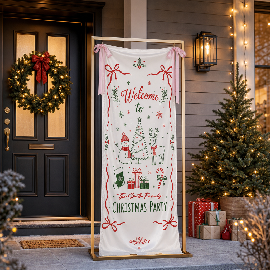 Custom Festive Doodle Christmas Party Fabric Welcome Banner, Personalized Family Name Holiday Entrance Hanging Sign with Ribbon Ties, Snowman & Reindeer Decor