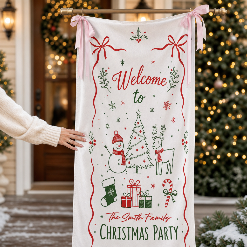 Custom Festive Doodle Christmas Party Fabric Welcome Banner, Personalized Family Name Holiday Entrance Hanging Sign with Ribbon Ties, Snowman & Reindeer Decor