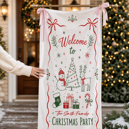 Custom Festive Doodle Christmas Party Fabric Welcome Banner, Personalized Family Name Holiday Entrance Hanging Sign with Ribbon Ties, Snowman & Reindeer Decor