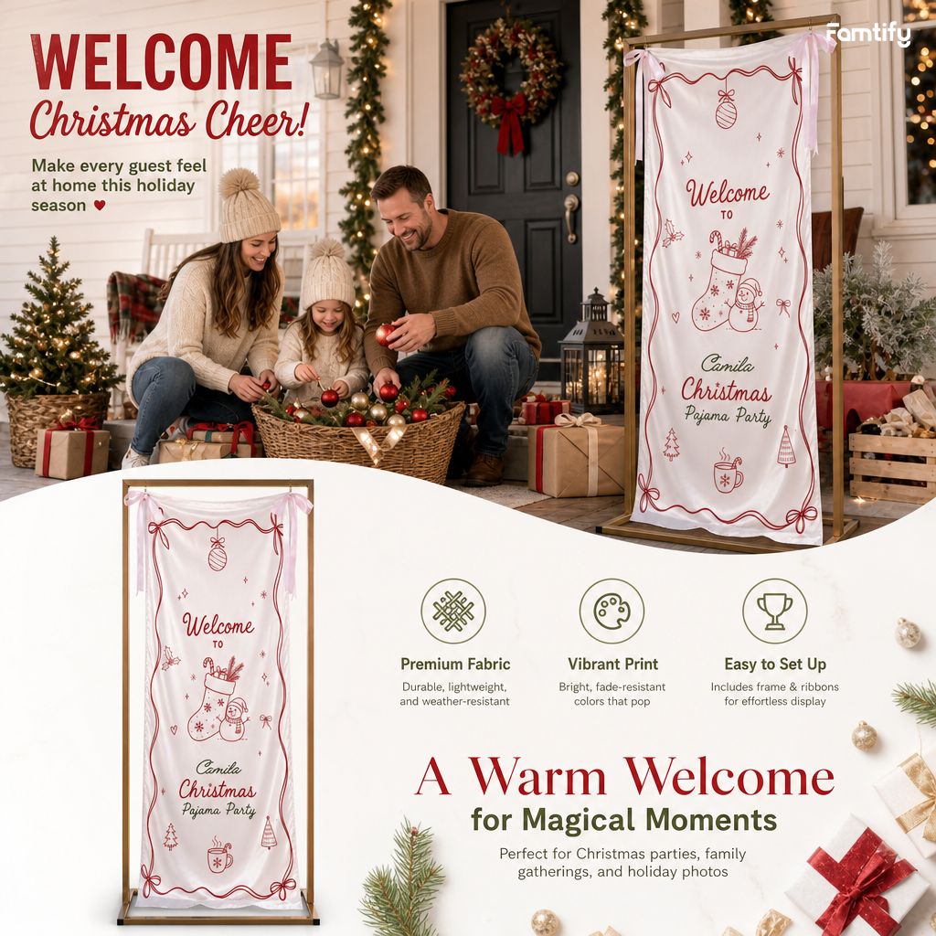 Custom Christmas Pajama Party Fabric Welcome Banner, Personalized Name Holiday Entrance Hanging Sign with Ribbon Ties, Pink Line Art Stocking & Snowman Party Decor