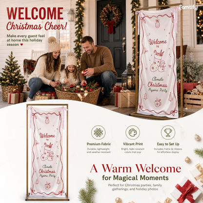 Custom Christmas Pajama Party Fabric Welcome Banner, Personalized Name Holiday Entrance Hanging Sign with Ribbon Ties, Pink Line Art Stocking & Snowman Party Decor