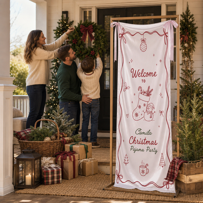 Custom Christmas Pajama Party Fabric Welcome Banner, Personalized Name Holiday Entrance Hanging Sign with Ribbon Ties, Pink Line Art Stocking & Snowman Party Decor
