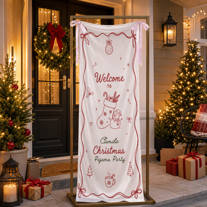 Custom Christmas Pajama Party Fabric Welcome Banner, Personalized Name Holiday Entrance Hanging Sign with Ribbon Ties, Pink Line Art Stocking & Snowman Party Decor