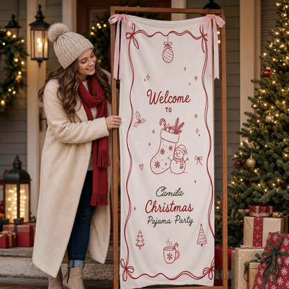 Custom Christmas Pajama Party Fabric Welcome Banner, Personalized Name Holiday Entrance Hanging Sign with Ribbon Ties, Pink Line Art Stocking & Snowman Party Decor