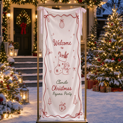 Custom Christmas Pajama Party Fabric Welcome Banner, Personalized Name Holiday Entrance Hanging Sign with Ribbon Ties, Pink Line Art Stocking & Snowman Party Decor