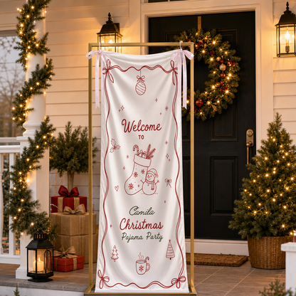 Custom Christmas Pajama Party Fabric Welcome Banner, Personalized Name Holiday Entrance Hanging Sign with Ribbon Ties, Pink Line Art Stocking & Snowman Party Decor