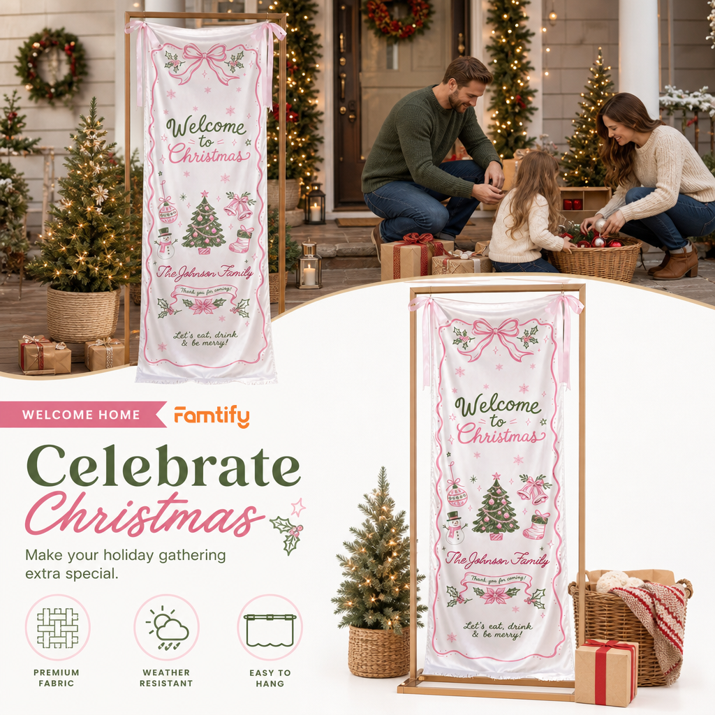 Custom Pink Ribbon Christmas Tree Fabric Welcome Banner, Personalized Family Name Holiday Entrance Hanging Sign with Ribbon Ties, Pink & Green Coquette Christmas Party Decor