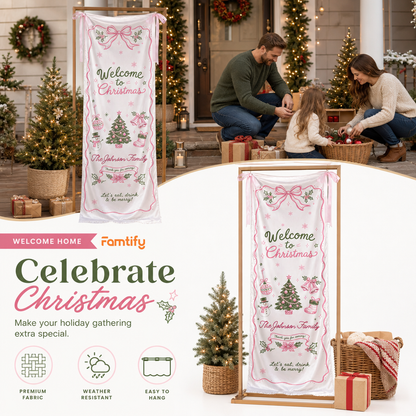 Custom Pink Ribbon Christmas Tree Fabric Welcome Banner, Personalized Family Name Holiday Entrance Hanging Sign with Ribbon Ties, Pink & Green Coquette Christmas Party Decor