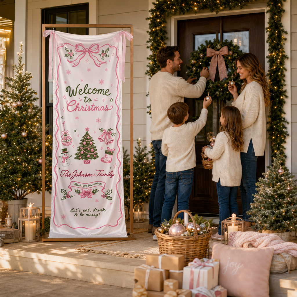 Custom Pink Ribbon Christmas Tree Fabric Welcome Banner, Personalized Family Name Holiday Entrance Hanging Sign with Ribbon Ties, Pink & Green Coquette Christmas Party Decor
