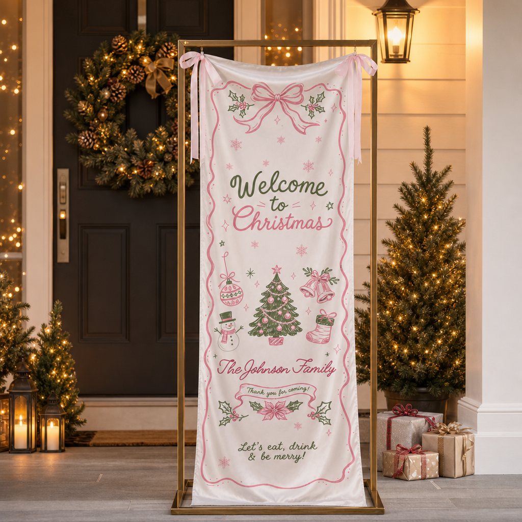 Custom Pink Ribbon Christmas Tree Fabric Welcome Banner, Personalized Family Name Holiday Entrance Hanging Sign with Ribbon Ties, Pink & Green Coquette Christmas Party Decor