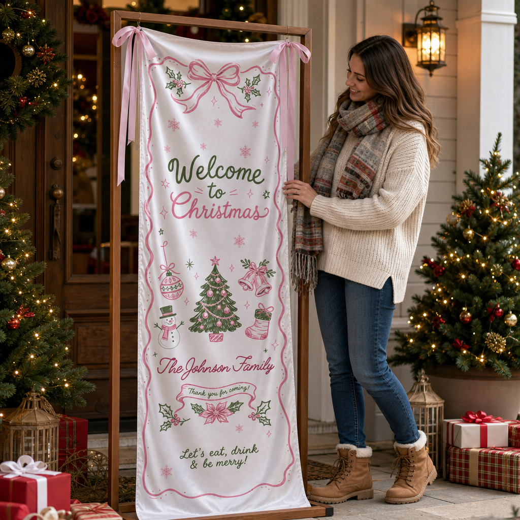 Custom Pink Ribbon Christmas Tree Fabric Welcome Banner, Personalized Family Name Holiday Entrance Hanging Sign with Ribbon Ties, Pink & Green Coquette Christmas Party Decor