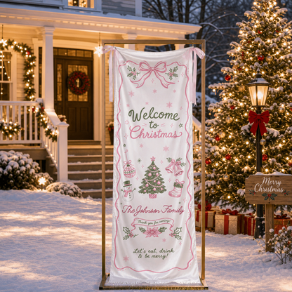 Custom Pink Ribbon Christmas Tree Fabric Welcome Banner, Personalized Family Name Holiday Entrance Hanging Sign with Ribbon Ties, Pink & Green Coquette Christmas Party Decor