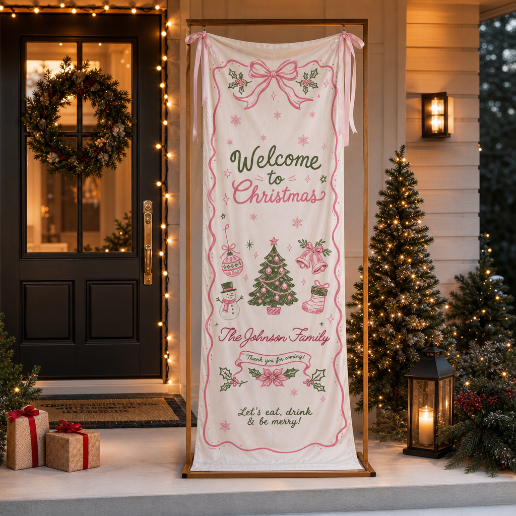Custom Pink Ribbon Christmas Tree Fabric Welcome Banner, Personalized Family Name Holiday Entrance Hanging Sign with Ribbon Ties, Pink & Green Coquette Christmas Party Decor