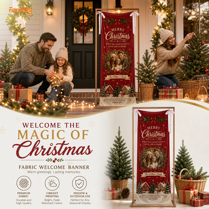 Custom Photo Christmas Family Fabric Welcome Banner, Personalized Family Name Holiday Entrance Hanging Sign with Ribbon Ties, Red Winter Village Party Decor