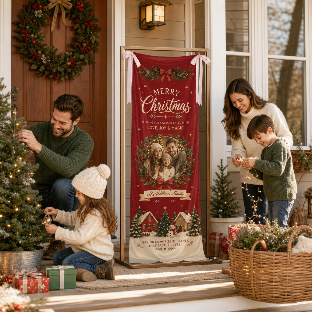 Custom Photo Christmas Family Fabric Welcome Banner, Personalized Family Name Holiday Entrance Hanging Sign with Ribbon Ties, Red Winter Village Party Decor