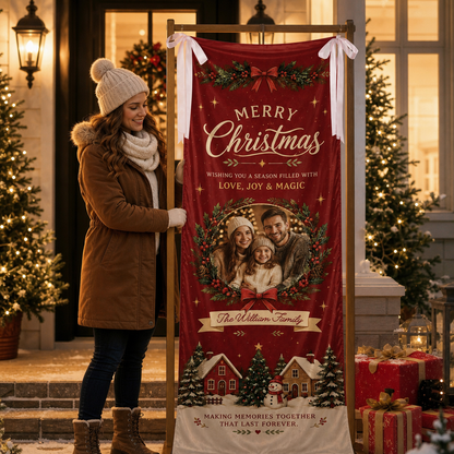 Custom Photo Christmas Family Fabric Welcome Banner, Personalized Family Name Holiday Entrance Hanging Sign with Ribbon Ties, Red Winter Village Party Decor