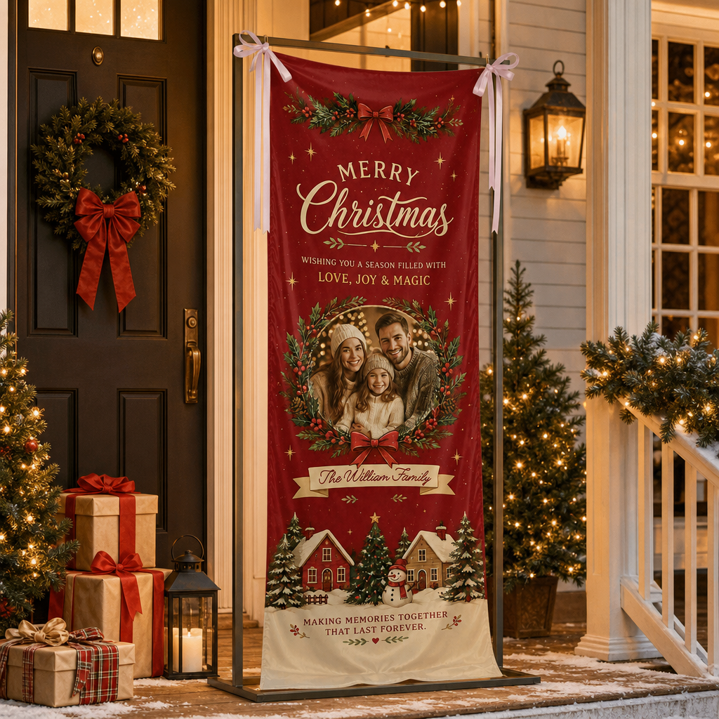 Custom Photo Christmas Family Fabric Welcome Banner, Personalized Family Name Holiday Entrance Hanging Sign with Ribbon Ties, Red Winter Village Party Decor