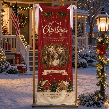 Custom Photo Christmas Family Fabric Welcome Banner, Personalized Family Name Holiday Entrance Hanging Sign with Ribbon Ties, Red Winter Village Party Decor