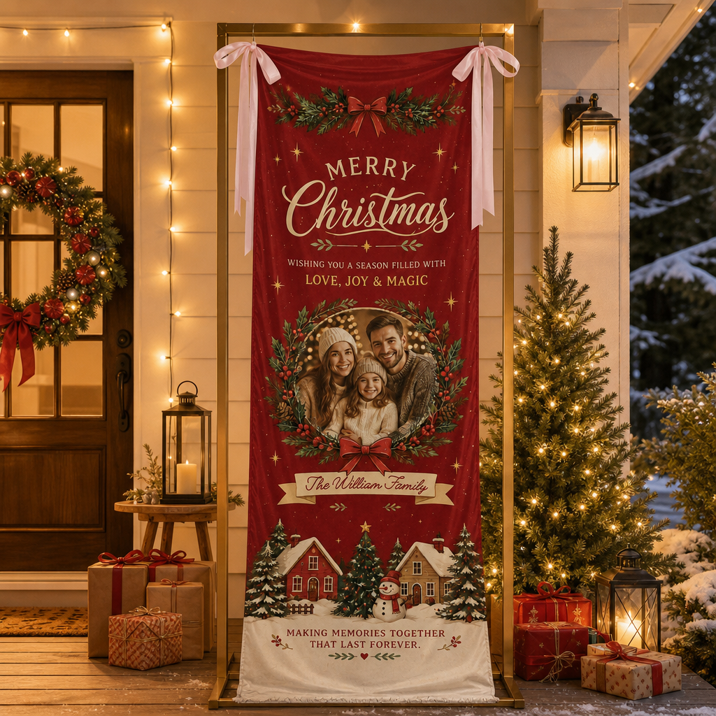 Custom Photo Christmas Family Fabric Welcome Banner, Personalized Family Name Holiday Entrance Hanging Sign with Ribbon Ties, Red Winter Village Party Decor