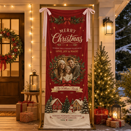 Custom Photo Christmas Family Fabric Welcome Banner, Personalized Family Name Holiday Entrance Hanging Sign with Ribbon Ties, Red Winter Village Party Decor