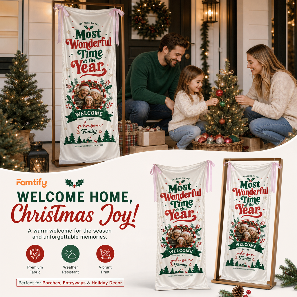 Custom Photo Most Wonderful Time of the Year Fabric Welcome Banner, Personalized Family Name Holiday Entrance Hanging Sign with Ribbon Ties, Red & Green Christmas Decor