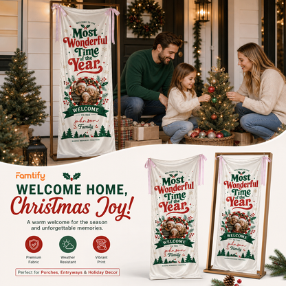 Custom Photo Most Wonderful Time of the Year Fabric Welcome Banner, Personalized Family Name Holiday Entrance Hanging Sign with Ribbon Ties, Red & Green Christmas Decor