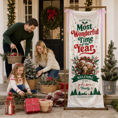 Custom Photo Most Wonderful Time of the Year Fabric Welcome Banner, Personalized Family Name Holiday Entrance Hanging Sign with Ribbon Ties, Red & Green Christmas Decor