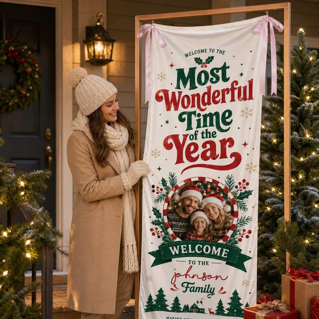 Custom Photo Most Wonderful Time of the Year Fabric Welcome Banner, Personalized Family Name Holiday Entrance Hanging Sign with Ribbon Ties, Red & Green Christmas Decor