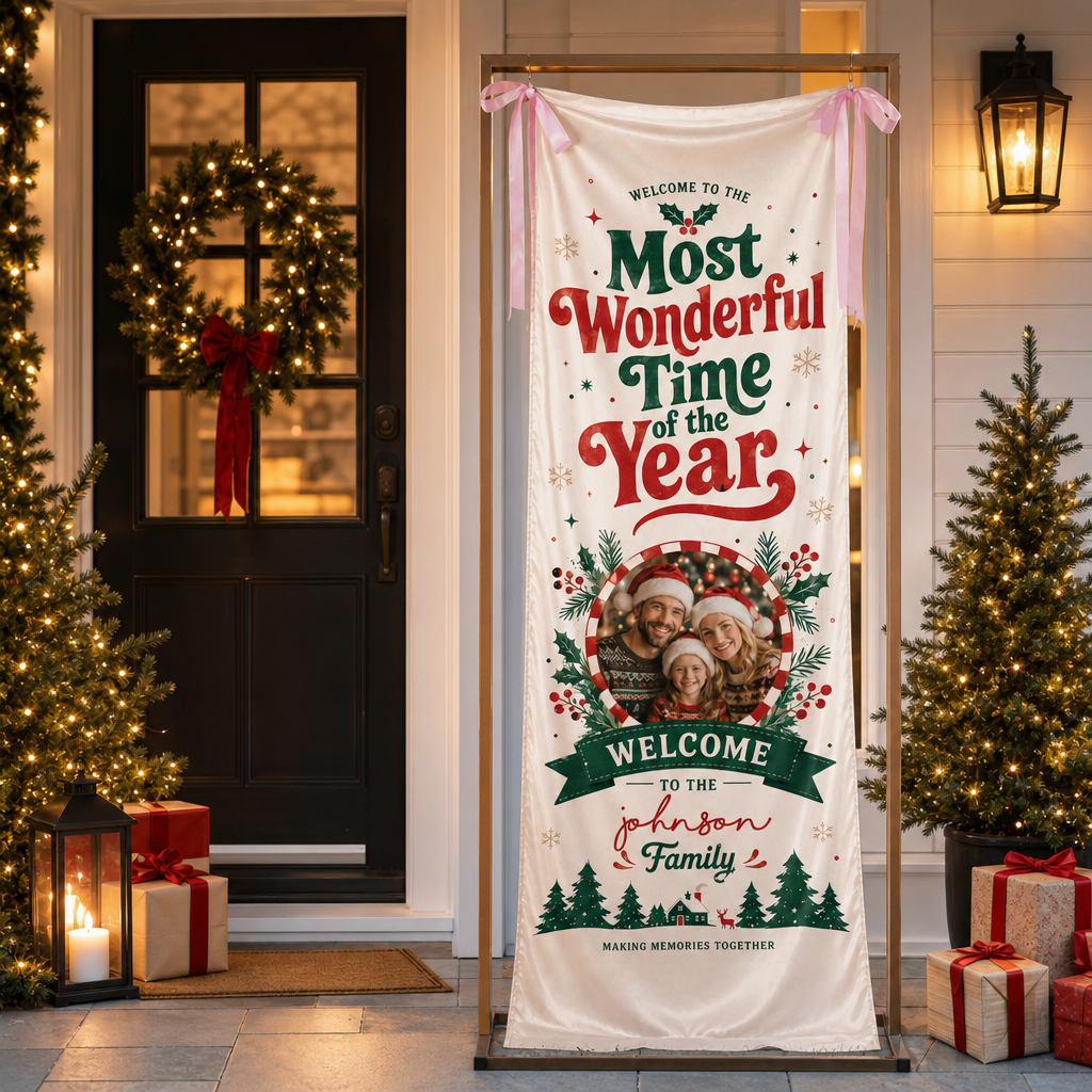 Custom Photo Most Wonderful Time of the Year Fabric Welcome Banner, Personalized Family Name Holiday Entrance Hanging Sign with Ribbon Ties, Red & Green Christmas Decor