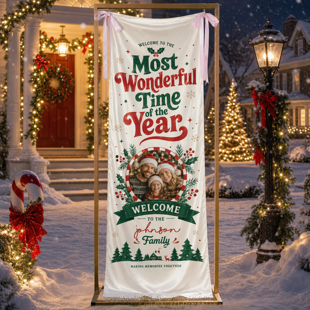 Custom Photo Most Wonderful Time of the Year Fabric Welcome Banner, Personalized Family Name Holiday Entrance Hanging Sign with Ribbon Ties, Red & Green Christmas Decor