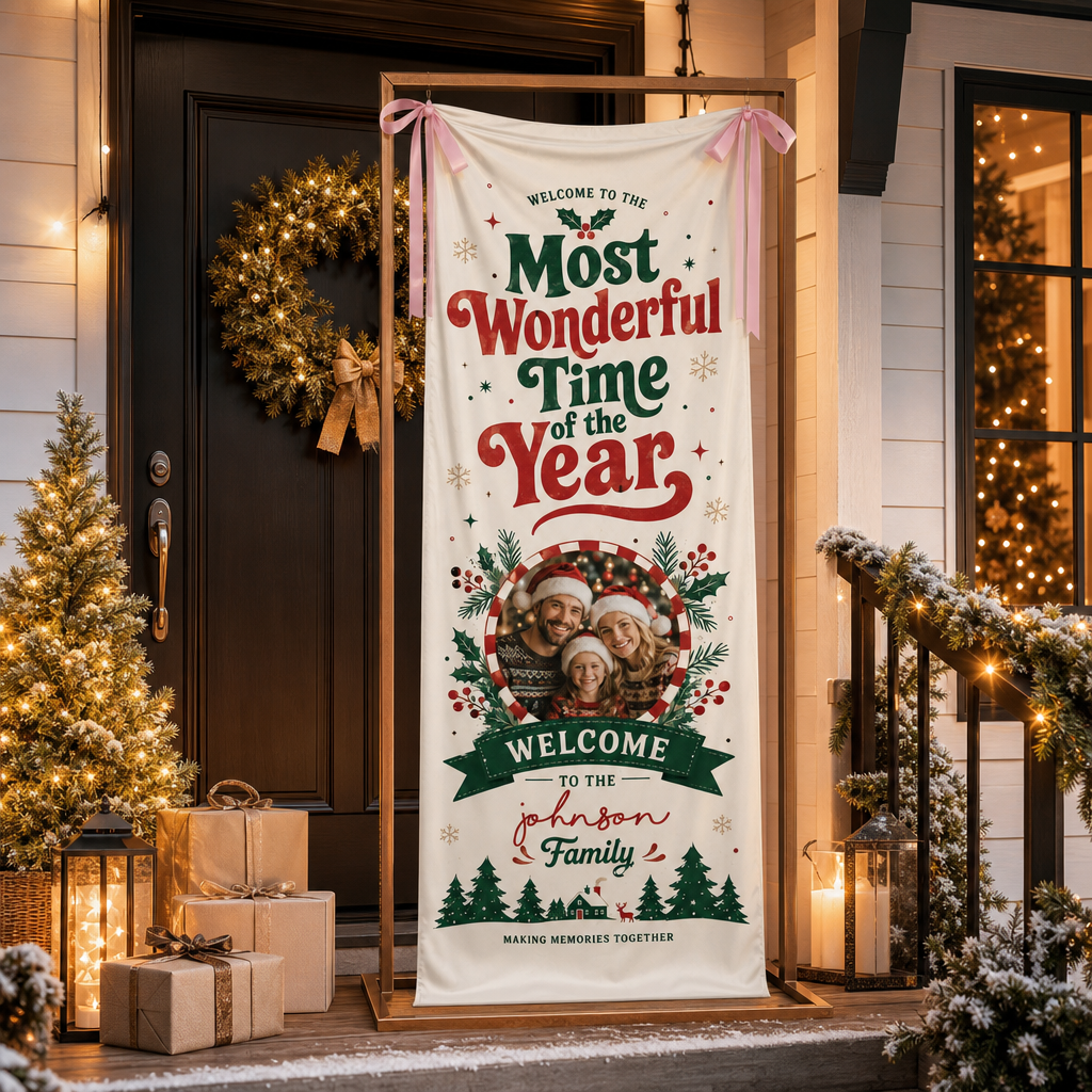 Custom Photo Most Wonderful Time of the Year Fabric Welcome Banner, Personalized Family Name Holiday Entrance Hanging Sign with Ribbon Ties, Red & Green Christmas Decor