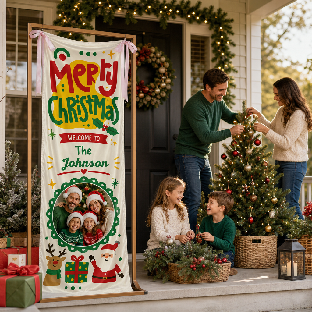 Custom Photo Cartoon Santa Reindeer Christmas Fabric Welcome Banner, Personalized Family Name Holiday Entrance Hanging Sign with Ribbon Ties, Cute Kids Festive Party Decor