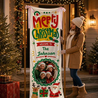 Custom Photo Cartoon Santa Reindeer Christmas Fabric Welcome Banner, Personalized Family Name Holiday Entrance Hanging Sign with Ribbon Ties, Cute Kids Festive Party Decor