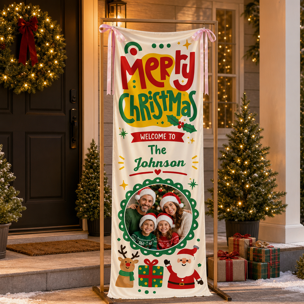 Custom Photo Cartoon Santa Reindeer Christmas Fabric Welcome Banner, Personalized Family Name Holiday Entrance Hanging Sign with Ribbon Ties, Cute Kids Festive Party Decor