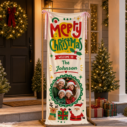 Custom Photo Cartoon Santa Reindeer Christmas Fabric Welcome Banner, Personalized Family Name Holiday Entrance Hanging Sign with Ribbon Ties, Cute Kids Festive Party Decor