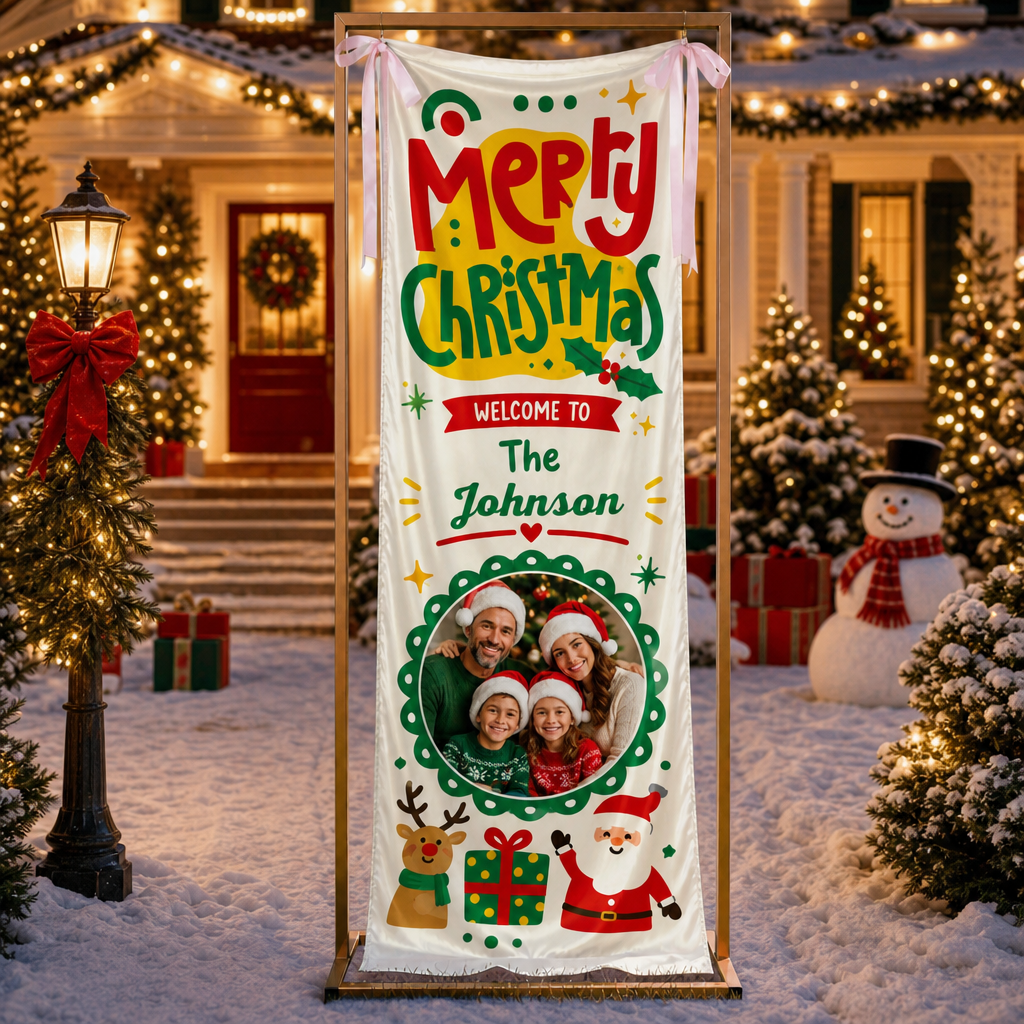 Custom Photo Cartoon Santa Reindeer Christmas Fabric Welcome Banner, Personalized Family Name Holiday Entrance Hanging Sign with Ribbon Ties, Cute Kids Festive Party Decor