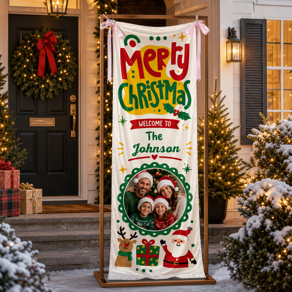 Custom Photo Cartoon Santa Reindeer Christmas Fabric Welcome Banner, Personalized Family Name Holiday Entrance Hanging Sign with Ribbon Ties, Cute Kids Festive Party Decor