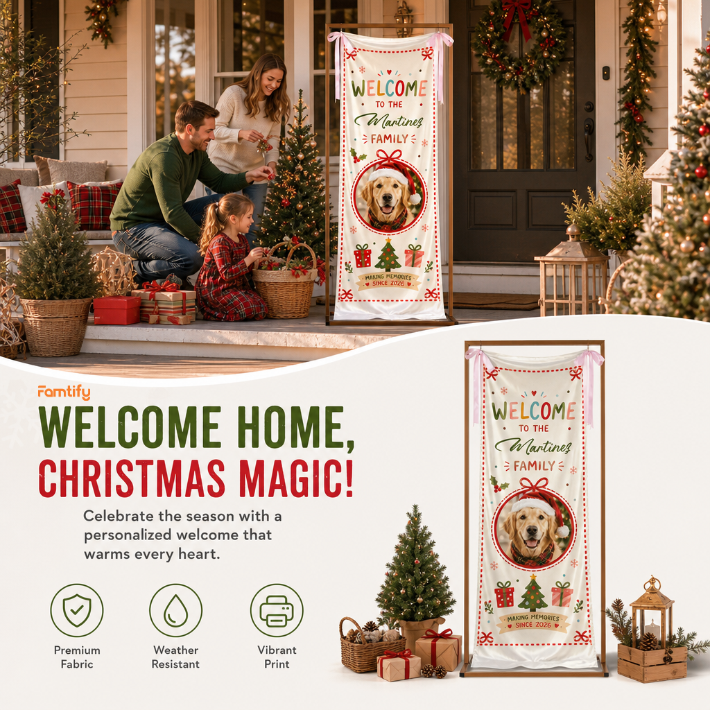 Custom Photo Dog Christmas Family Fabric Welcome Banner, Personalized Pet Photo Holiday Entrance Hanging Sign with Ribbon Ties, Cute Dog Santa Hat Christmas Decor