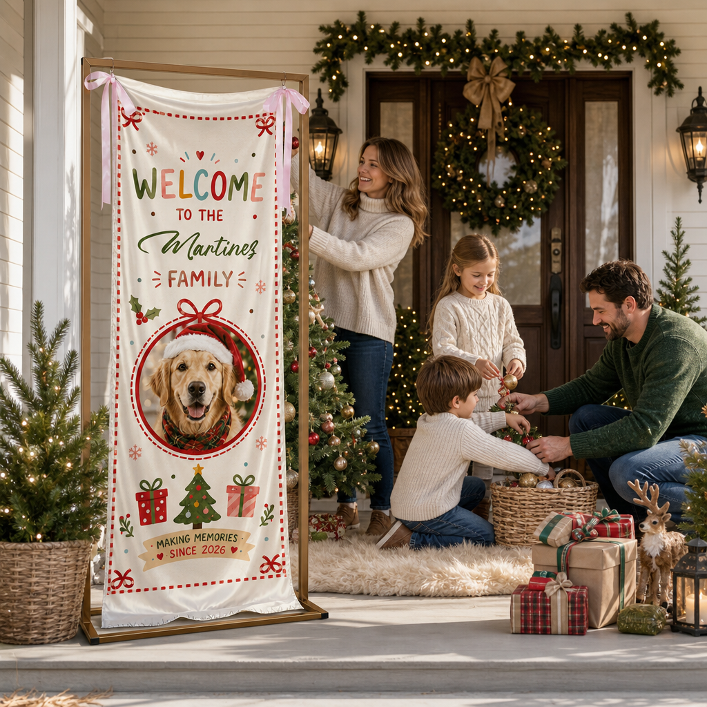 Custom Photo Dog Christmas Family Fabric Welcome Banner, Personalized Pet Photo Holiday Entrance Hanging Sign with Ribbon Ties, Cute Dog Santa Hat Christmas Decor