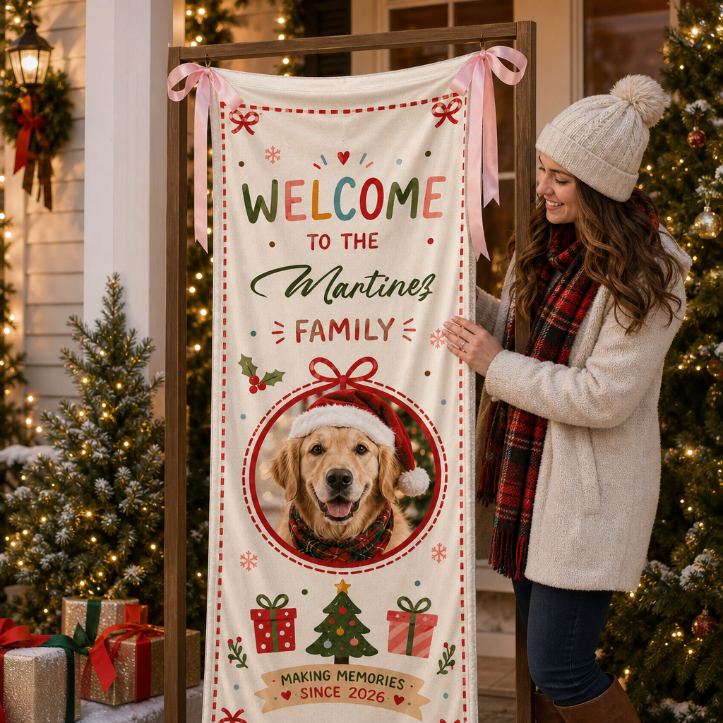 Custom Photo Dog Christmas Family Fabric Welcome Banner, Personalized Pet Photo Holiday Entrance Hanging Sign with Ribbon Ties, Cute Dog Santa Hat Christmas Decor