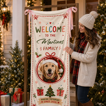 Custom Photo Dog Christmas Family Fabric Welcome Banner, Personalized Pet Photo Holiday Entrance Hanging Sign with Ribbon Ties, Cute Dog Santa Hat Christmas Decor