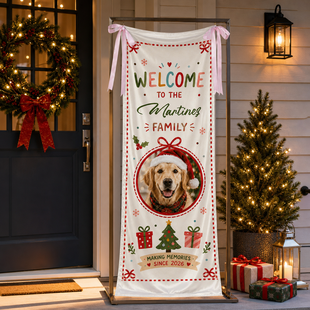 Custom Photo Dog Christmas Family Fabric Welcome Banner, Personalized Pet Photo Holiday Entrance Hanging Sign with Ribbon Ties, Cute Dog Santa Hat Christmas Decor